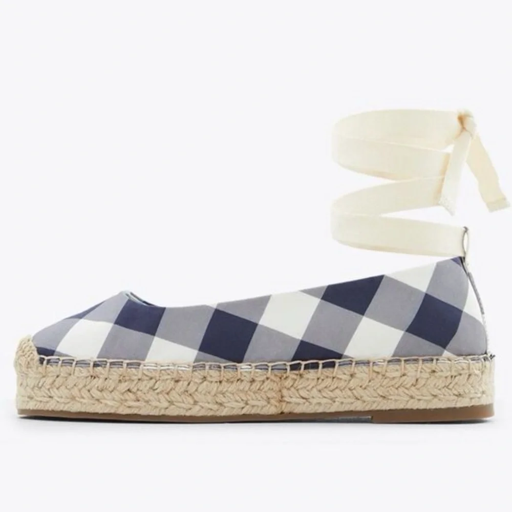 Draper James Navy and White Espadrille Flats with Ankle Tie